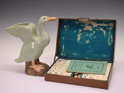 Lot 236 - Chinese celadon goose vase and cased Mah Jong set