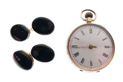 Lot 112 - Lady's yellow metal stamped '14K' fob watch and a pair of 10k cufflinks