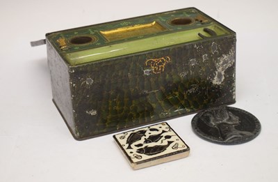 Lot 222 - Stationery tin box, medallion etc