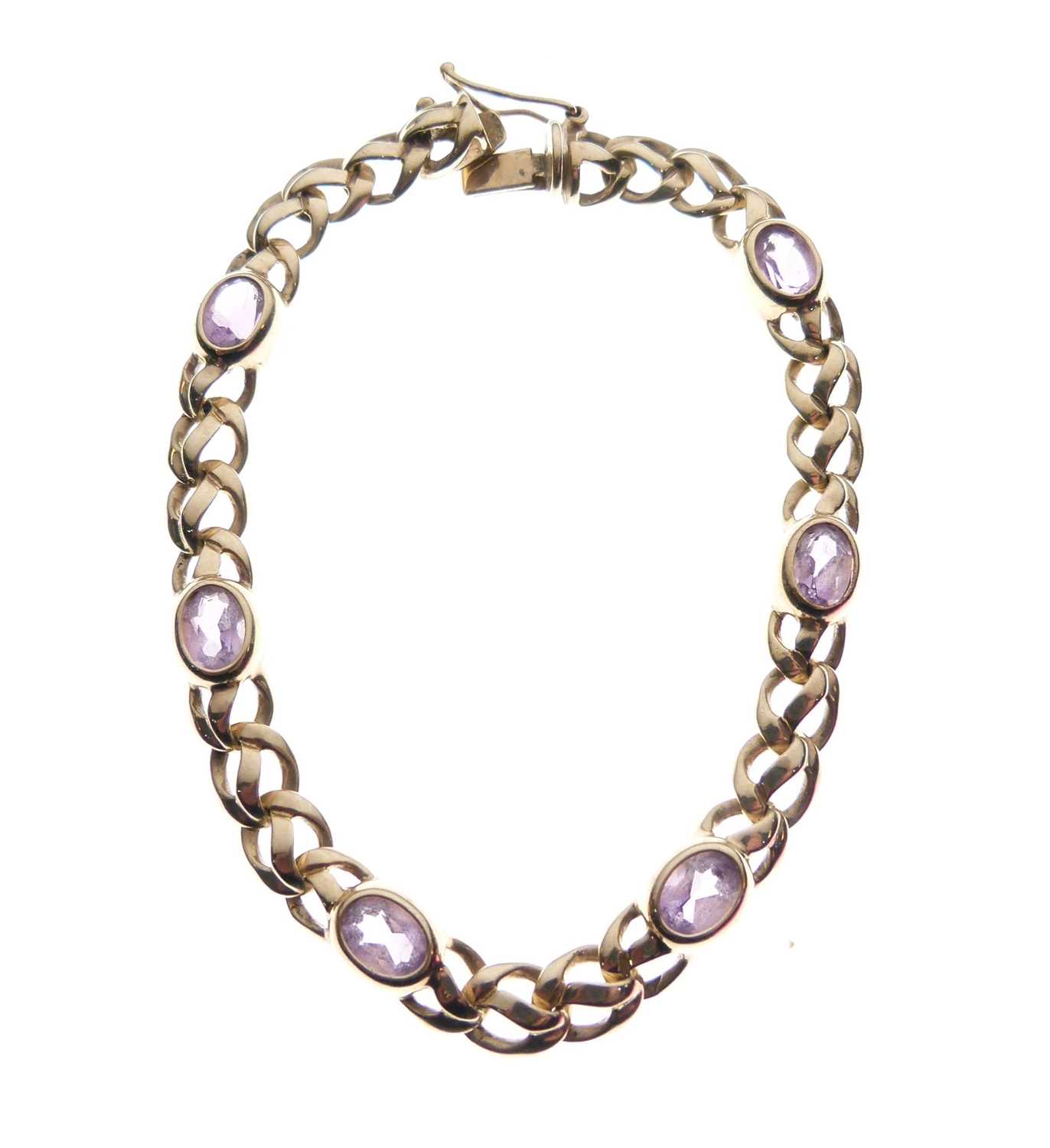 Lot 72 9ct gold bracelet set six faceted amethysts