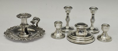 Lot 128 - Elizabeth II silver capstan inkwell, two pairs of dwarf candlesticks, etc