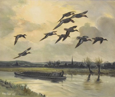 Lot 426 - Sir Peter Markham Scott  - Oil on canvas - ‘A Narrow Boat’