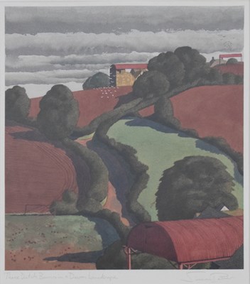 Lot 476 - Simon Palmer, (b. 1956) - 'Three Dutch barns in a Devon landscape'