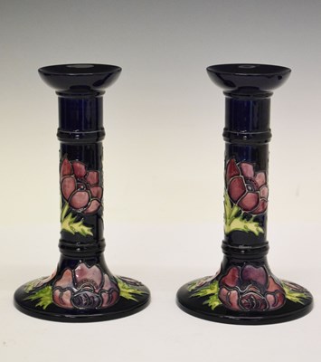 Lot 294 - Pair of Moorcroft Anemone pattern candlesticks