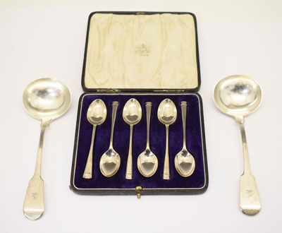 Lot 159 - Pair of Georgian silver fiddle pattern ladles and Art Deco coffee spoons