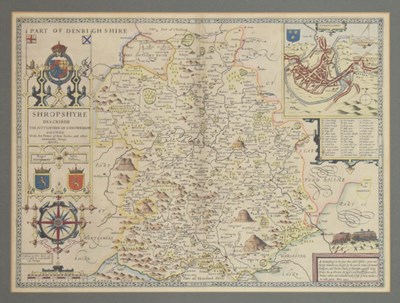 Lot 375 - John Speed, 17th Century hand-coloured engraved map of Shropshyre