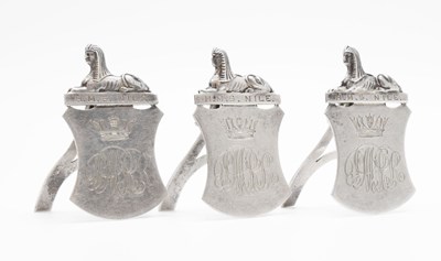 Lot 233 - Naval interest - Three late Victorian silver menu holders to 'H.M.S. Nile'