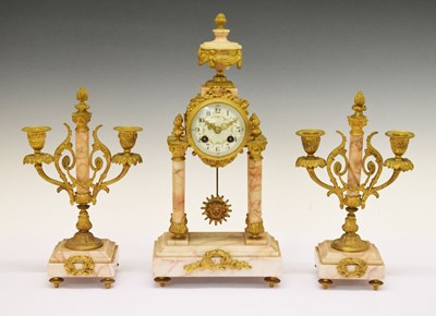 Lot 603 - Early 20th Century French veined marble portico clock and garniture