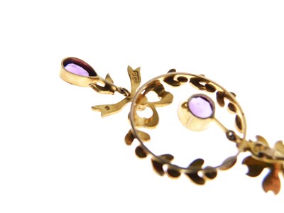 Lot 52 - Edwardian '9ct' yellow metal, seed pearl and amethyst pendant