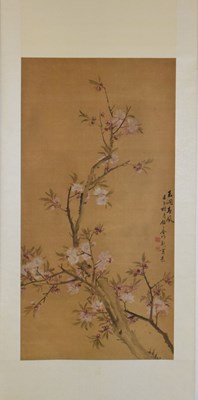 Lot 344 - Chinese watercolour on silk scroll painting of cherry blossom