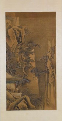 Lot 345 - Chinese watercolour on silk scroll painting, mountain temple