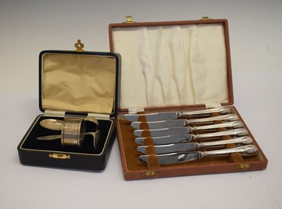 Lot 175 - Cased three-piece silver christening set, and a cased set of silver handled butter knives