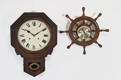 Lot 595 - American wall clock and an Elgin Ships wheel clock