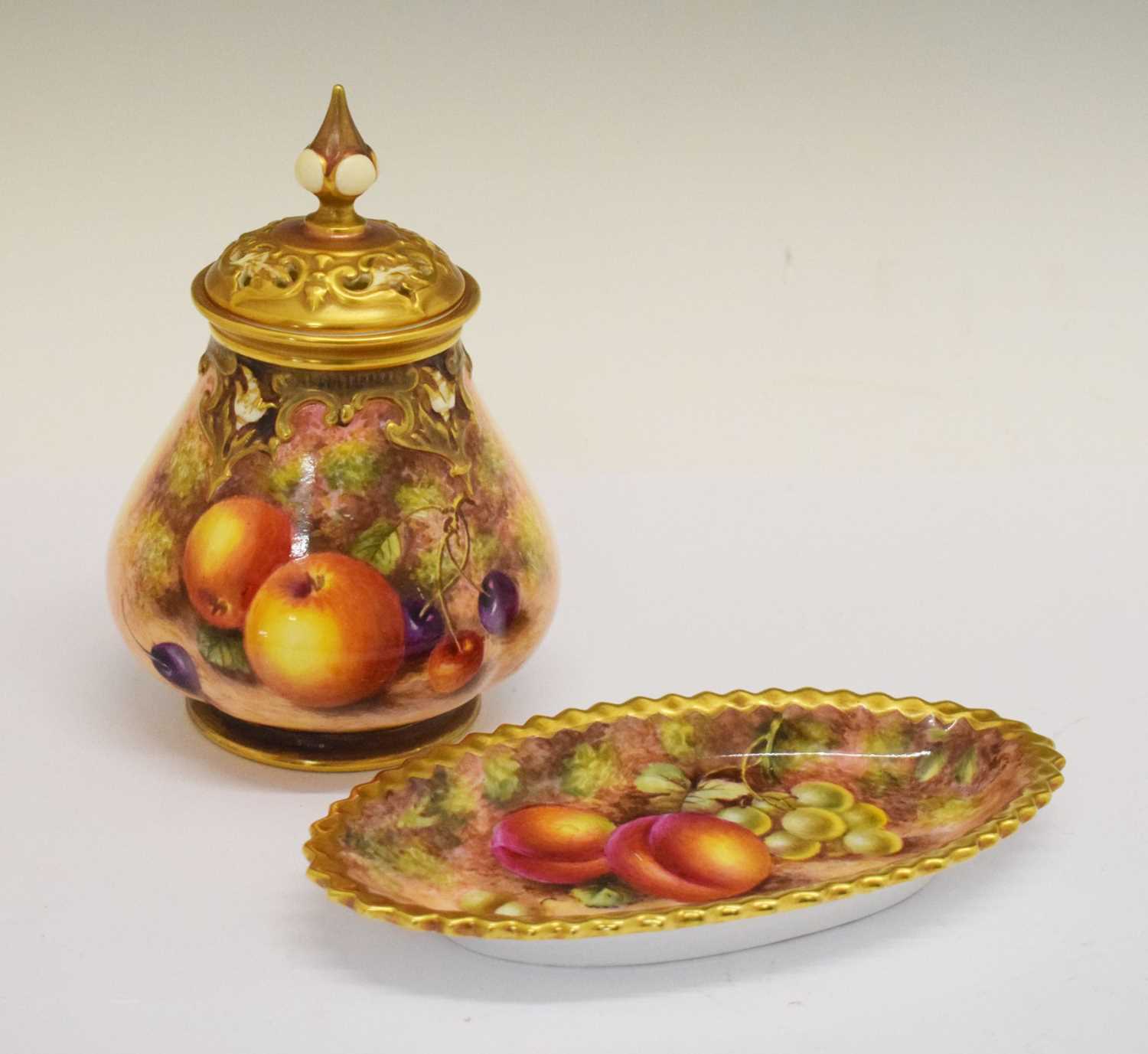 Lot 452 - Royal Worcester fruit decorated pot pourri vase and dish