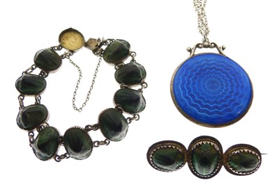 Lot 106 - Scarab beetle bracelet and brooch together with a silver enamel mirror on chain