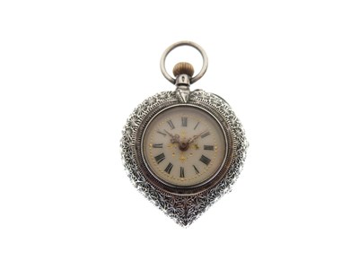 Lot 142 - Swiss silver and enamel heart-shaped fob watch