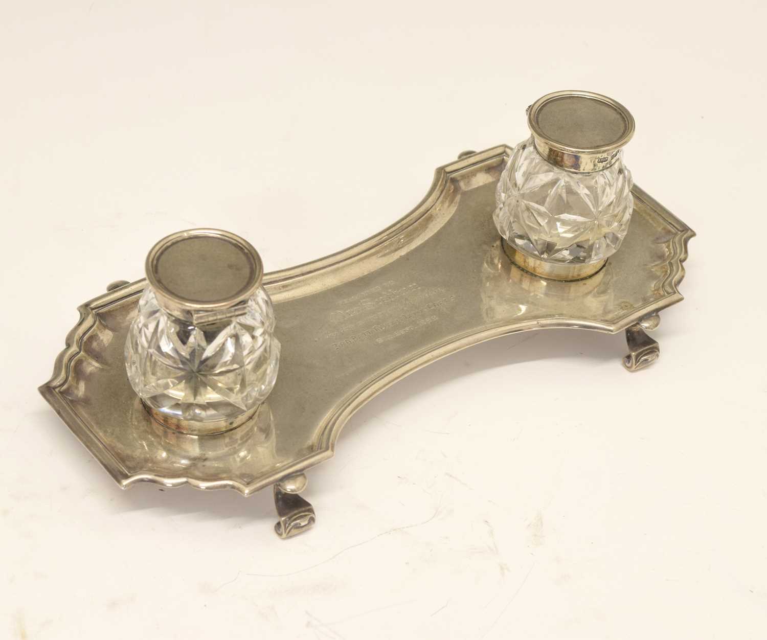 Lot 155 - Edward VII silver ink and pen stand of shaped rectangular form