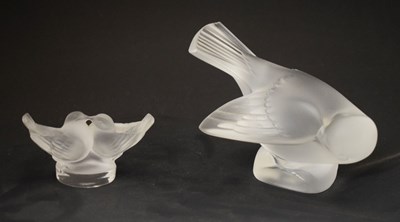 Lot 426 - Two Lalique paperweights - 'Preening sparrow' and 'Lovebirds'