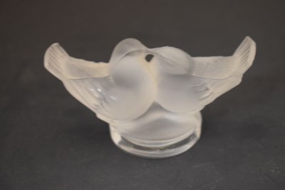 Lot 426 - Two Lalique paperweights - 'Preening sparrow' and 'Lovebirds'