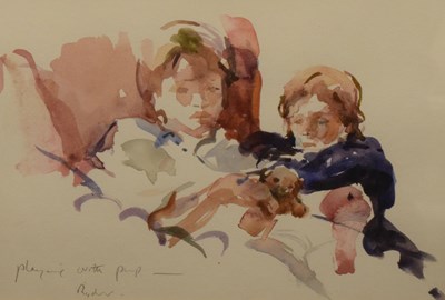 Lot 545 - Susan Ryder - Watercolour - ‘Playing with pup’