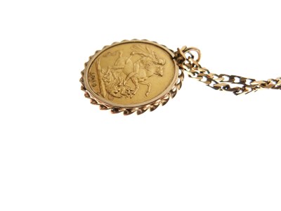Lot 62 - George V gold sovereign, 1914, mounted, with 9ct chain