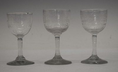 Lot 413 - Two 19th Century English wine glasses and an 1892 'Peace and Plenty' engraved wine glass