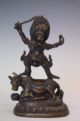 Lot 487 - Tibetan bronze figure, Yama Dharmaraja upon Nandi