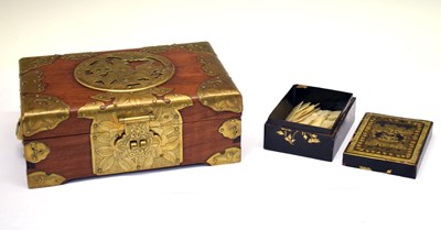 Lot 235 - Collection of mother-of-pearl counters and lacquer box and brass mounted box