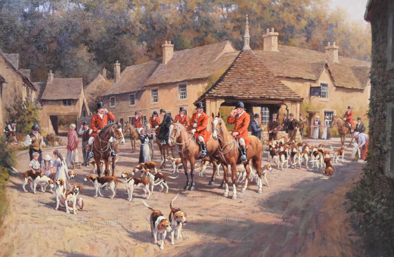 Lot 542 - Ronald (Ron) Moseley (b. 1931) - Oil on canvas - Opening Meet, Castle Combe