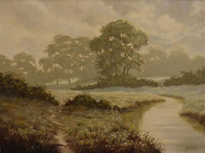 Lot 463 - Alan Fursland (British, b.1953) - Oil on canvas - Misty riverside landscape