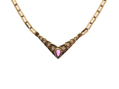 Lot 64 - Yellow metal ruby and diamond pendant with brick link necklace