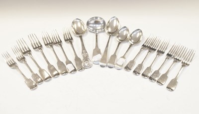 Lot 127 - Set of six George VI silver fiddle-pattern forks and sundry flatware