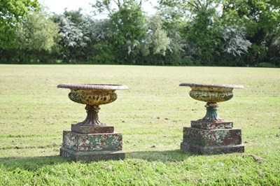 Lot 219 - Pair of cast iron pedestal urns