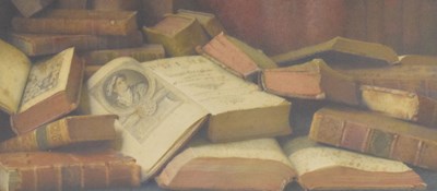 Lot 442 - English School circa 1900 - Watercolour - Still life of leather bound books