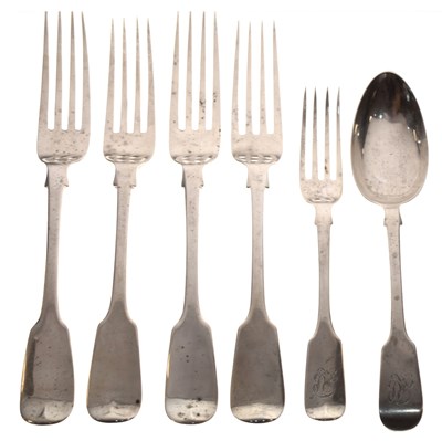 Lot 129 - Four Georgian fiddle pattern table forks , lunch fork and Victorian dessert spoon