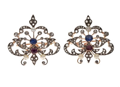 Lot 48 - Pair of diamond, pearl, ruby and sapphire set brooches