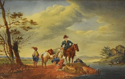 Lot 481 - Small watercolour - Figures and horses beside a lake