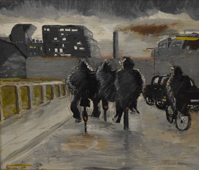 Lot 476 - F. Smith - 20th Century oil on board - Cyclists in city