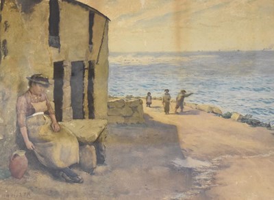 Lot 448 - Falconer Clark (exh.1888-9) - Watercolour - Beachside Terrace with figures