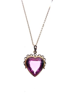 Lot 73 - Synthetic sapphire and diamond set heart-shaped pendant on fine necklace