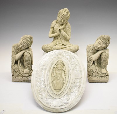 Lot 685 - Three reconstituted South East Asian style garden ornaments and plaque