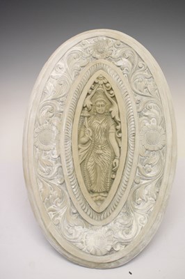 Lot 685 - Three reconstituted South East Asian style garden ornaments and plaque