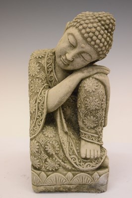 Lot 685 - Three reconstituted South East Asian style garden ornaments and plaque