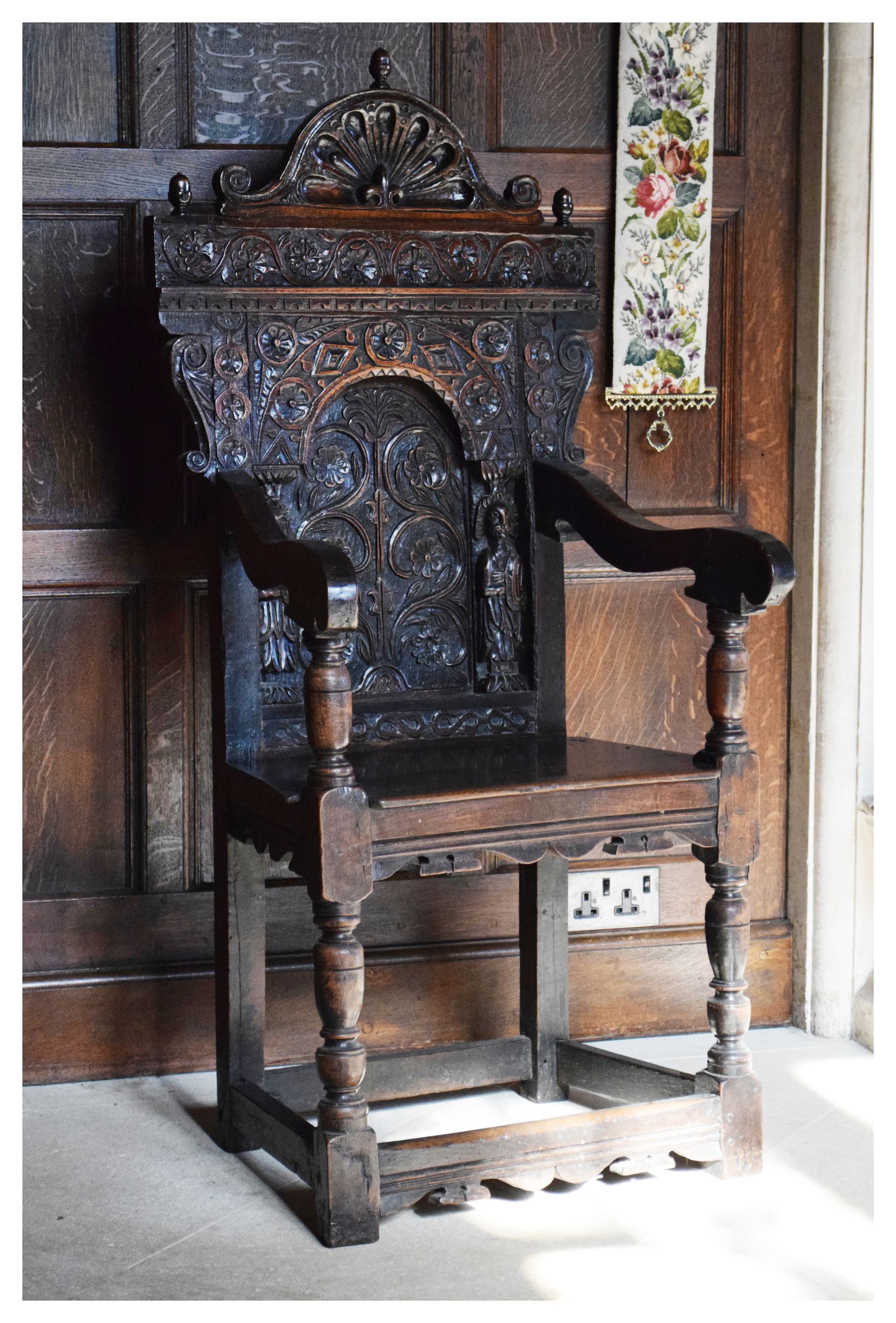 Lot 1 Charles I panelback open armchair, South West