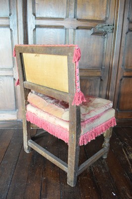 Lot 4 - Pair of mid-17th Century oak framed and silk velvet-upholstered low chairs