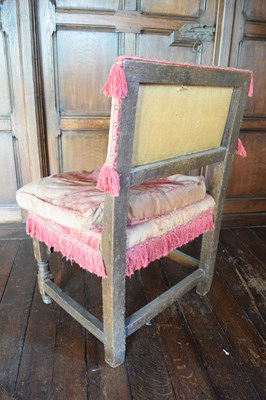 Lot 4 - Pair of mid-17th Century oak framed and silk velvet-upholstered low chairs