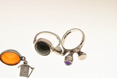 Lot 90 - Silver cabochon-set bracelet, two stone set rings