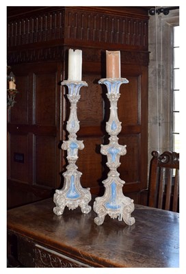 Lot 18 - Pair of Continental painted softwood pricket candlesticks