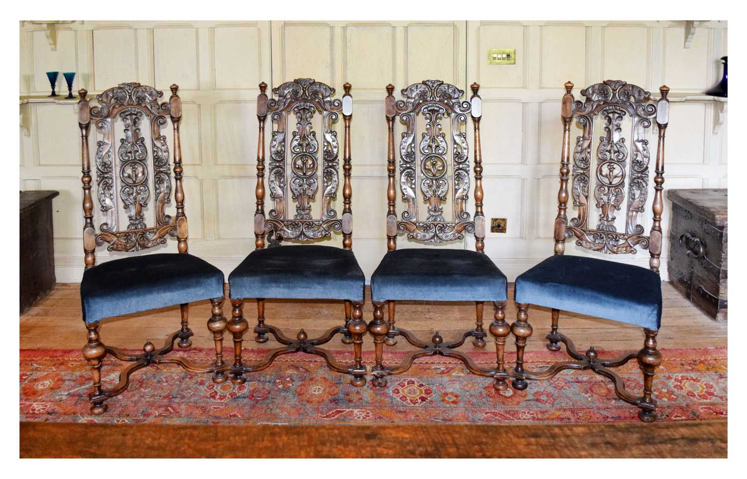 Lot 23 - Set of four walnut and beech high-back dining chairs