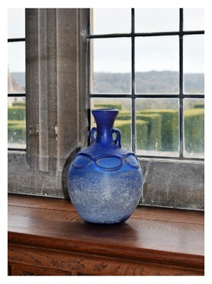 Lot 120 - Late 20th Century studio glass twin-handled blue frosted vase